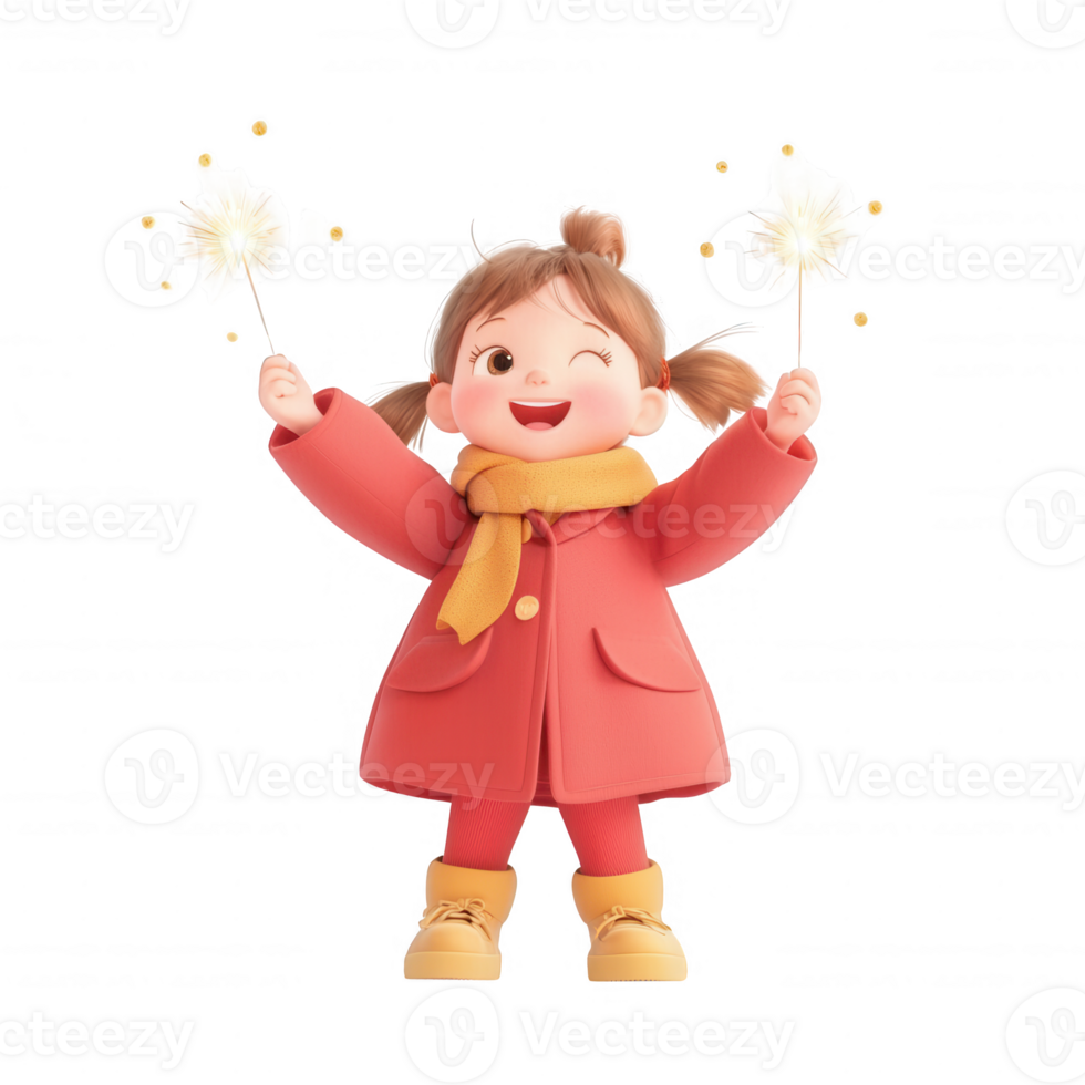 Cheerful girl in winter coat holding pom-poms, celebrating joyfully outdoors. png