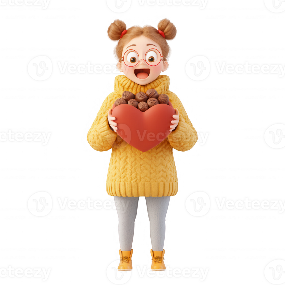 Cheerful girl in a cozy sweater holding a heart-shaped box of chocolates, smiling joyfully. png