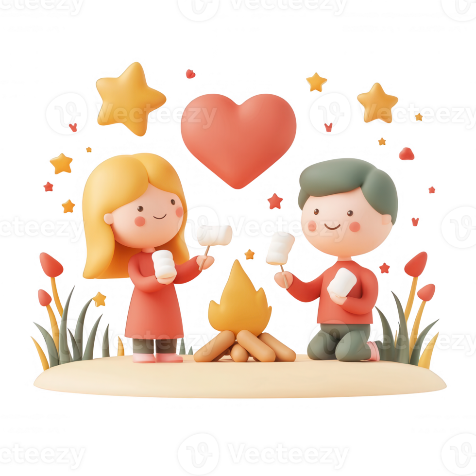 Couple enjoying a cozy campfire under stars, sharing warmth and connection together. png