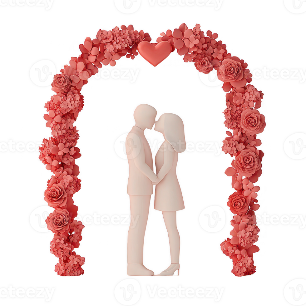 Couple embracing under a floral heart-shaped arch, symbolizing love and unity. png