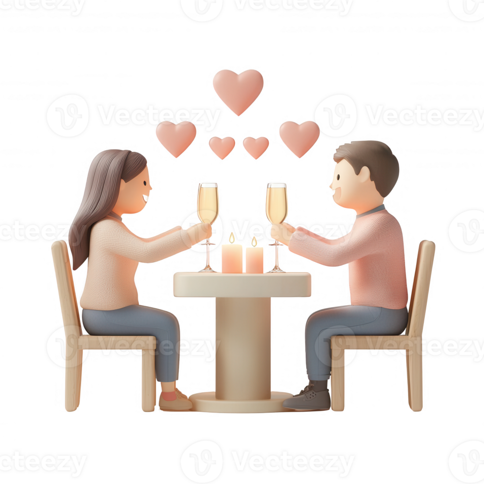 Couple enjoying a romantic dinner with candles and hearts in an intimate setting. png