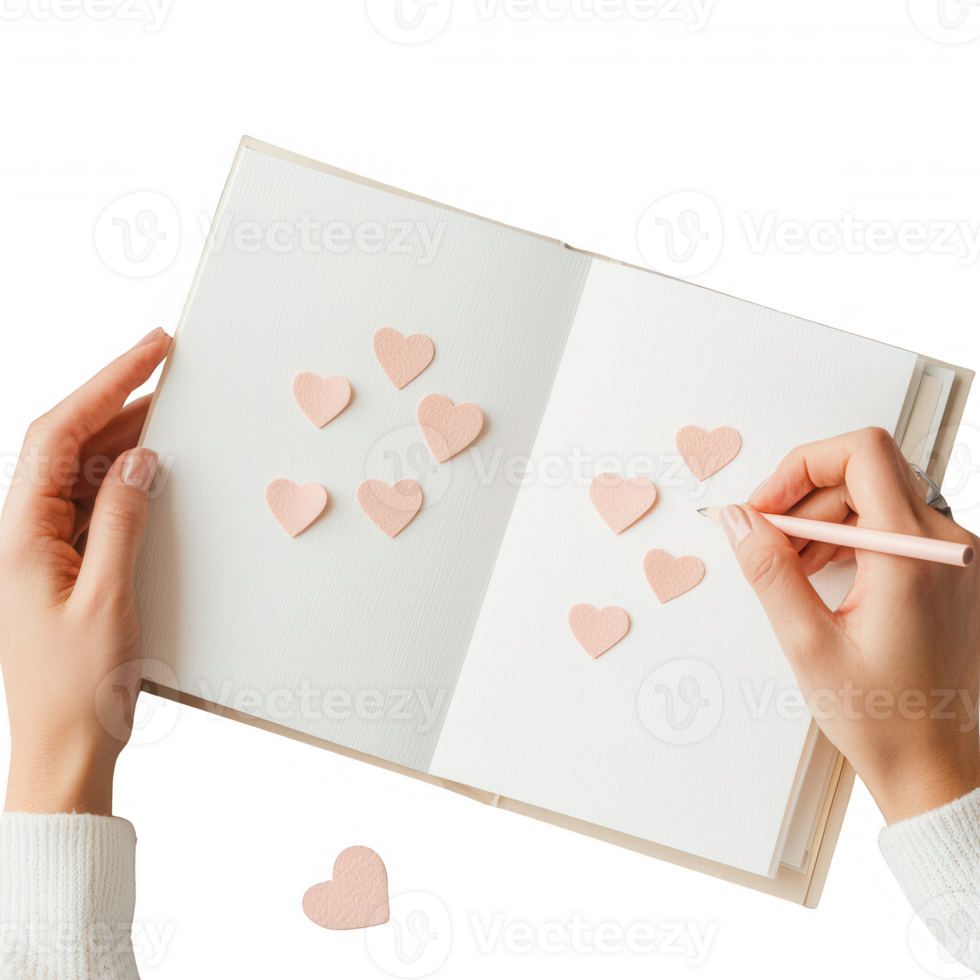 Creative hands drawing pink hearts in a sketchbook, expressing love and affection. png