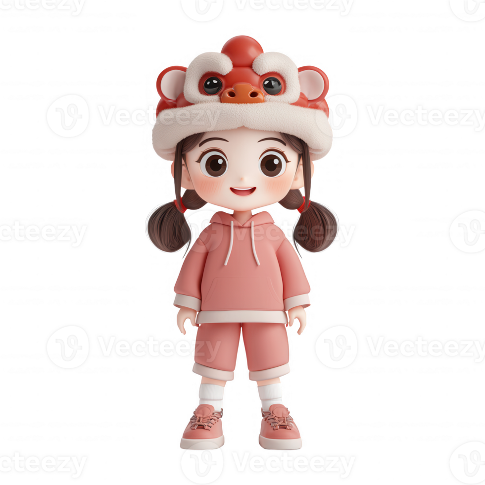 Cute child character wearing a fun animal hat, dressed in casual pink attire. png