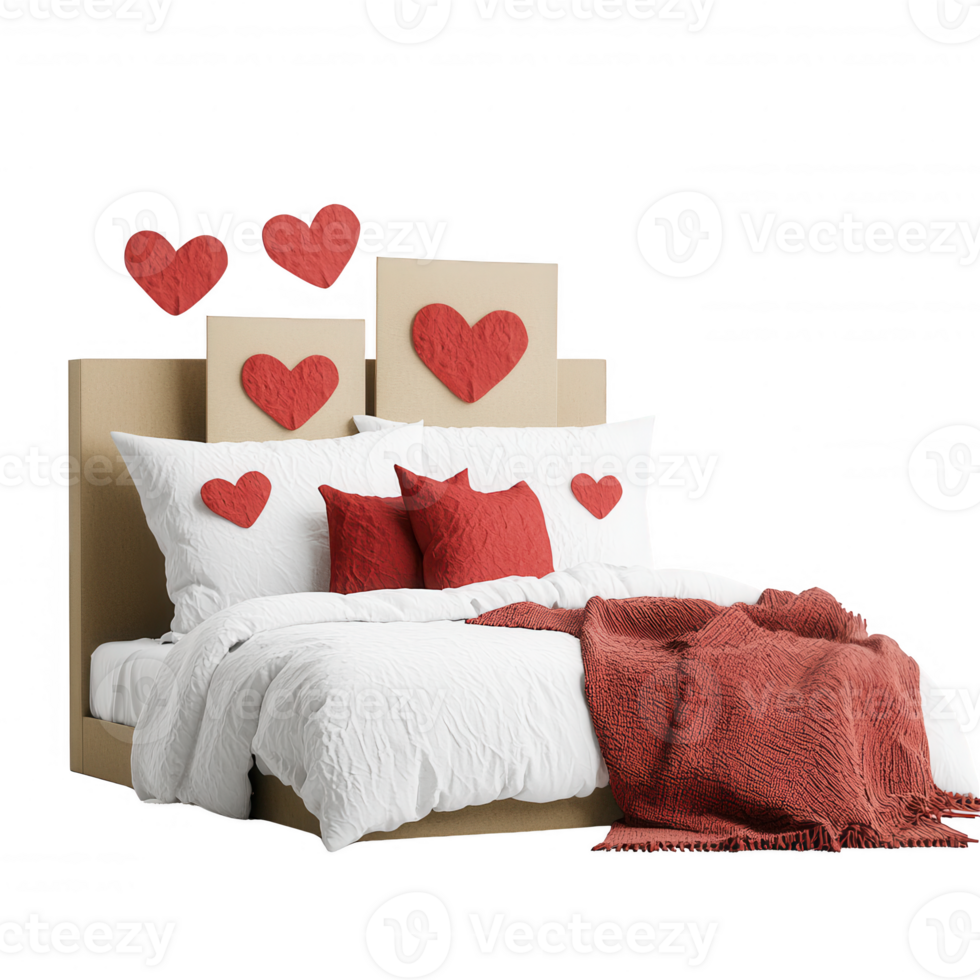 Cozy bedroom setup with heart-themed decorations for a romantic atmosphere. png