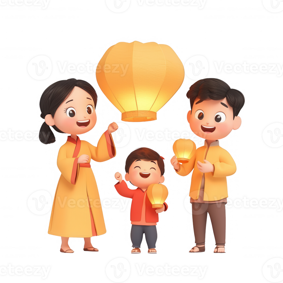 Happy family celebrating festival with floating lanterns and joyful expressions. png