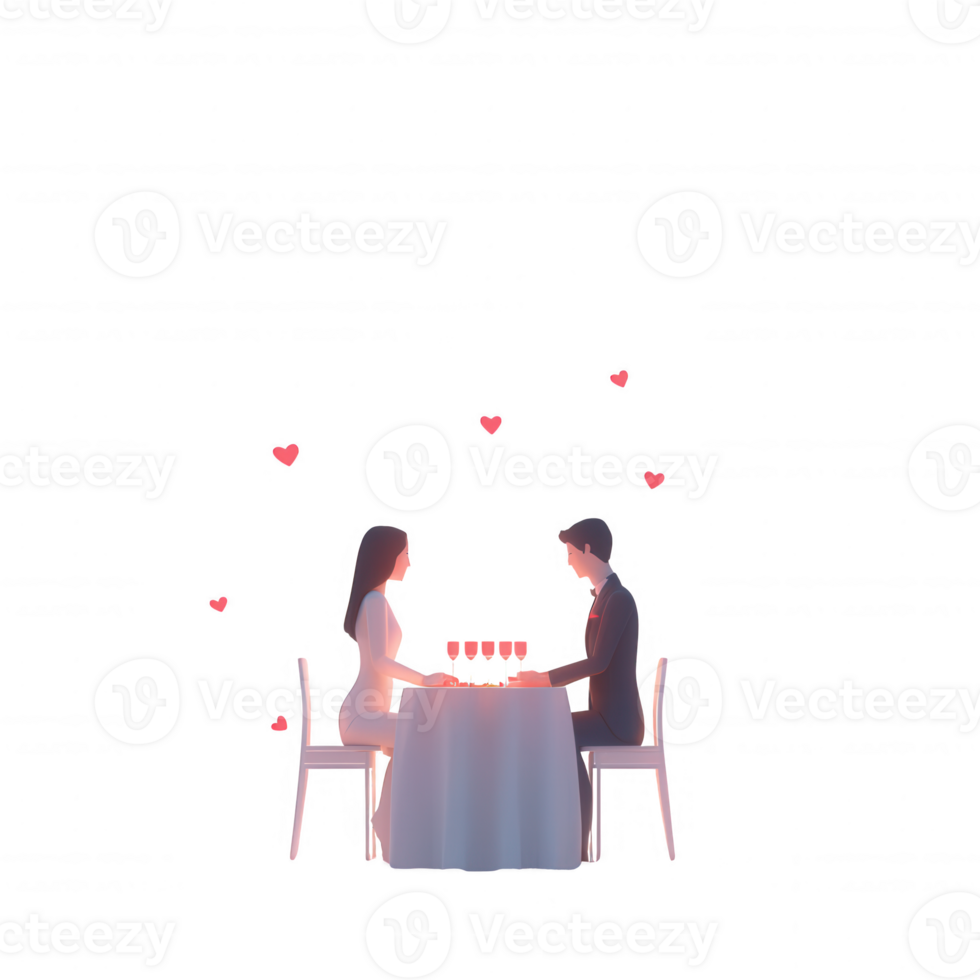 Romantic dinner setting for two, surrounded by hearts, perfect for love and connection. png