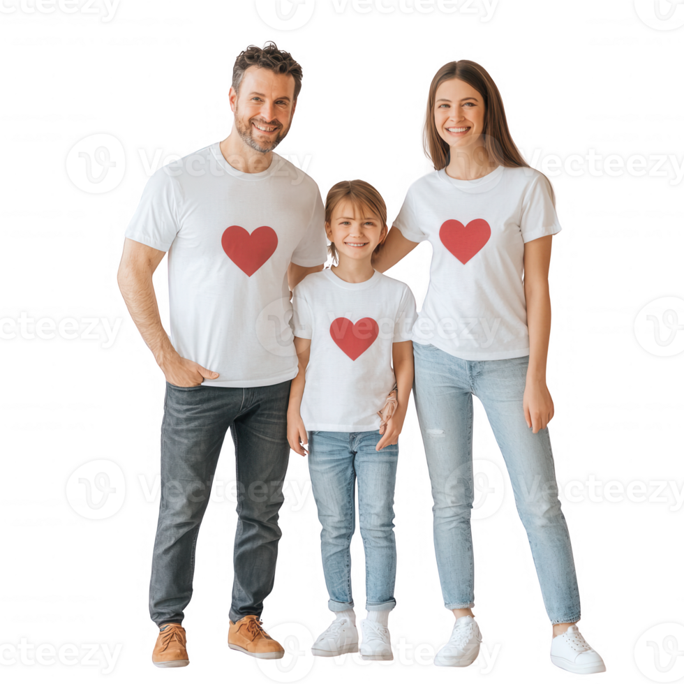 Happy family wearing matching shirts with heart designs, radiating love and joy. png
