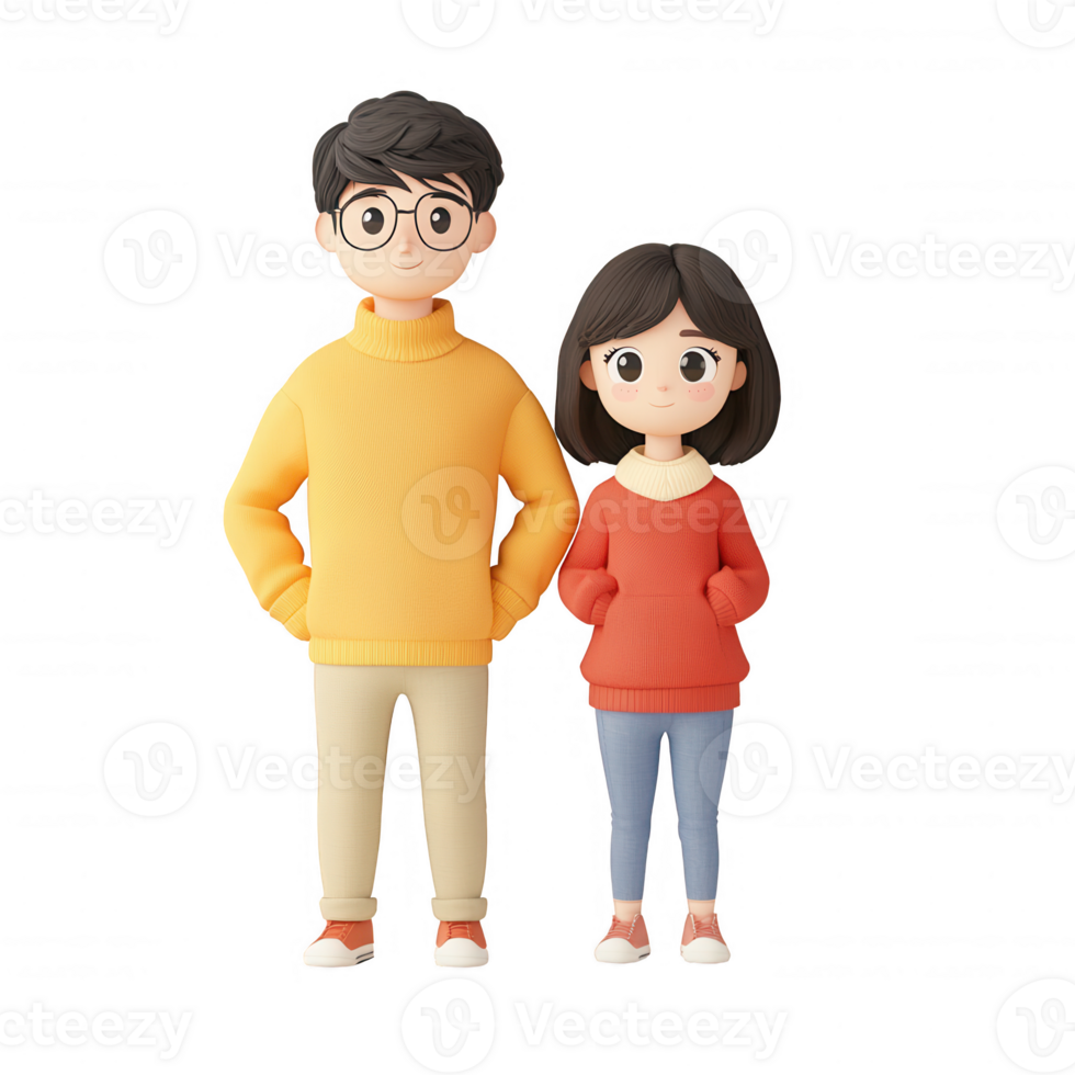 Stylized cartoon characters of a boy and girl standing side by side. png