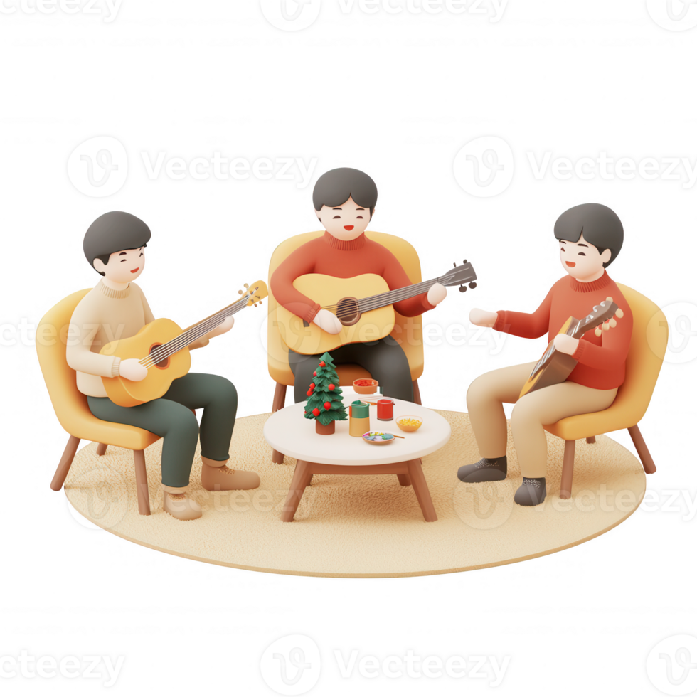 Three friends enjoying a cozy music session with guitars and snacks at home. png