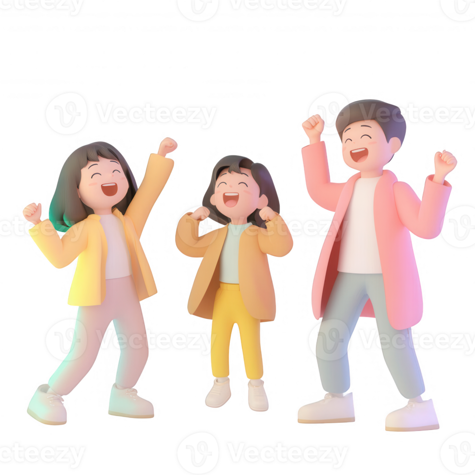 Three joyful characters celebrating happiness and togetherness in vibrant outfits. png