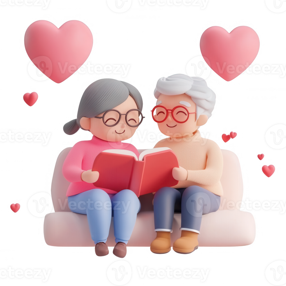 Elderly couple reading together on a couch, surrounded by love and joy. png