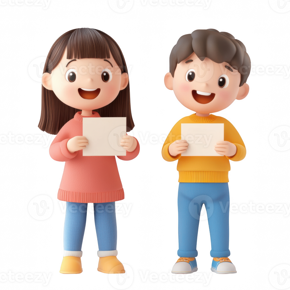 Cheerful children holding blank cards, smiling and ready for creativity and fun. png