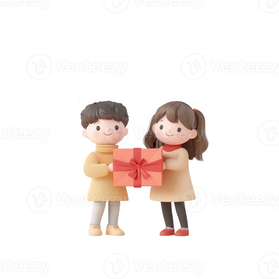 Two cheerful children exchanging a beautifully wrapped gift. png