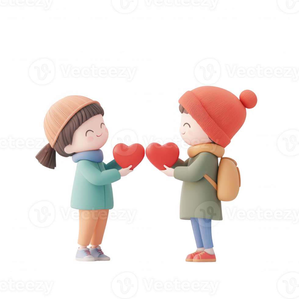 Two cheerful children exchanging heart symbols in a joyful winter setting. png
