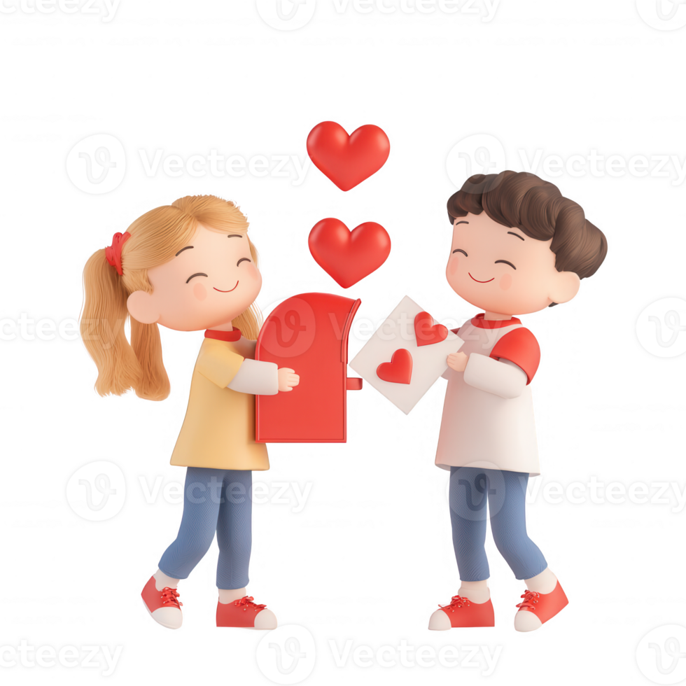 Two cheerful children exchanging love notes with hearts in a playful scene. png