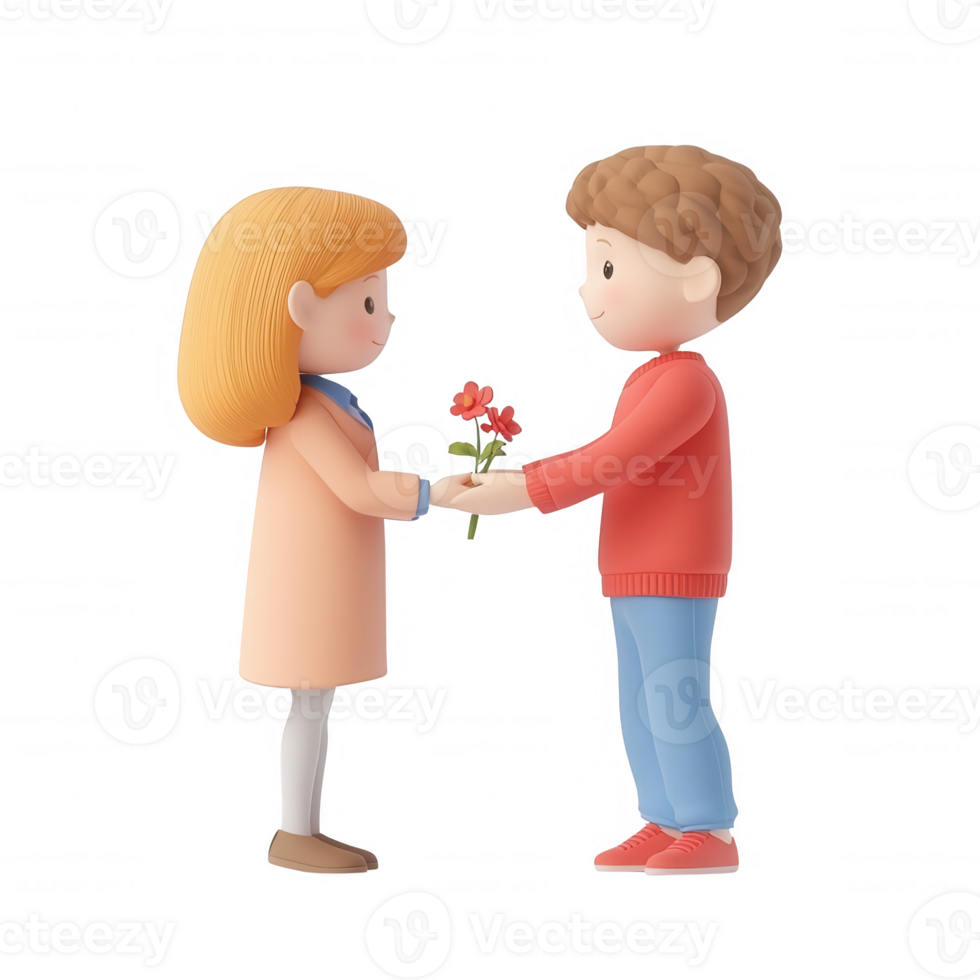 Two children exchanging flowers, symbolizing friendship and affection. png