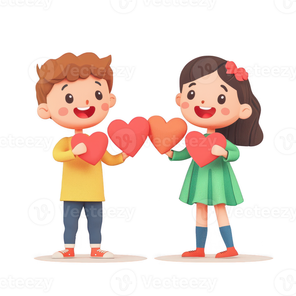 Two cheerful children holding heart shapes, symbolizing friendship and love. png