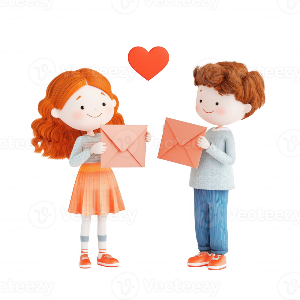 Two children exchanging letters, symbolizing friendship and joy in a playful setting. png