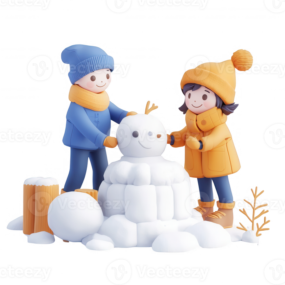 Two children happily building a snowman in a winter wonderland scene. png