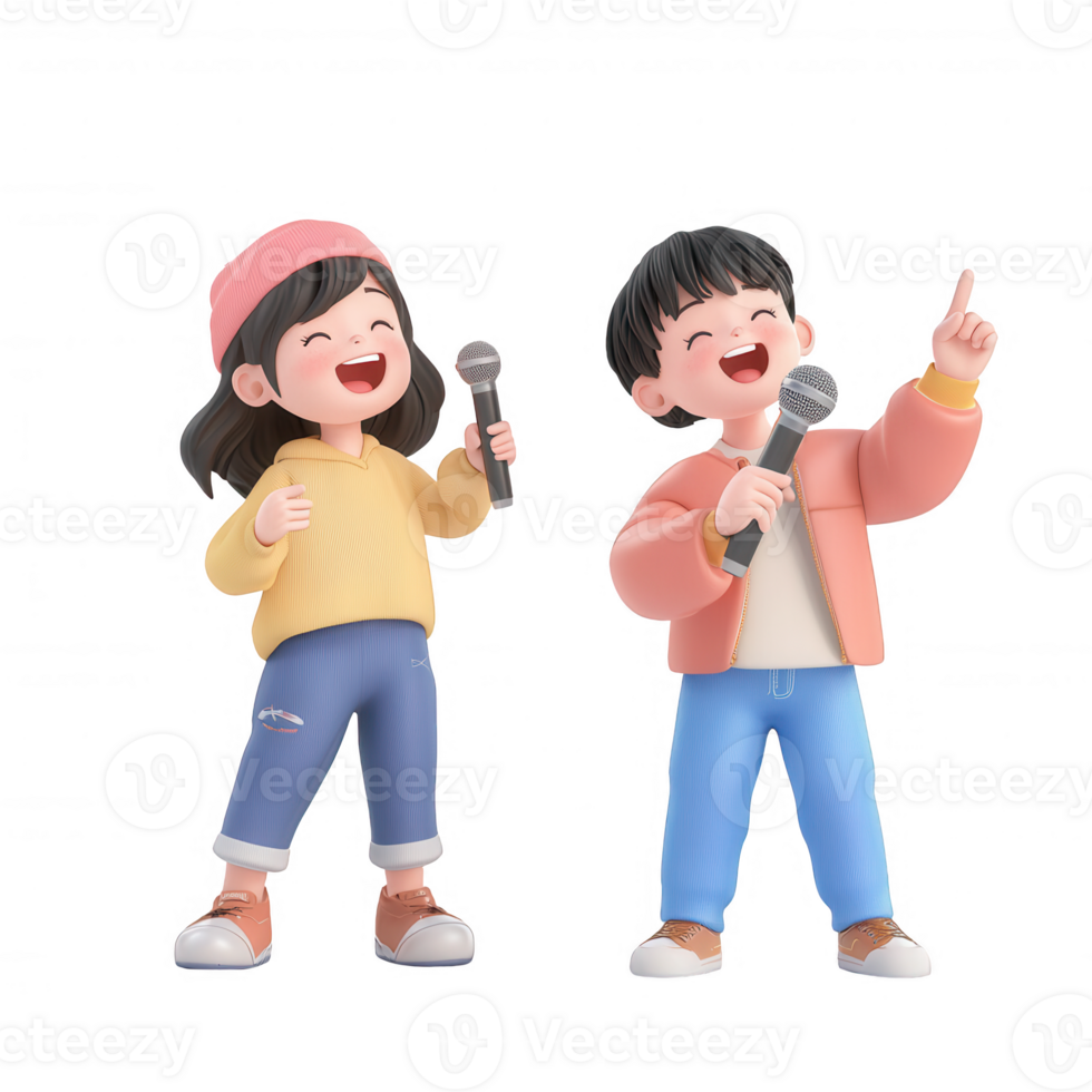 Two children joyfully singing with microphones, embodying happiness and fun. png
