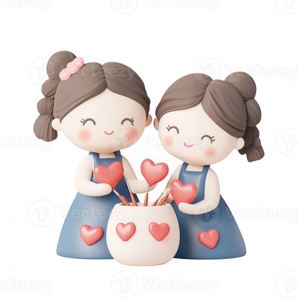 Two cute girls joyfully sharing heart-shaped tokens with smiles and love. png