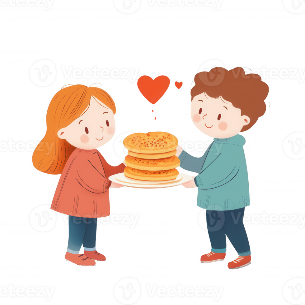 Two children sharing a plate of delicious pancakes with love and joy. png