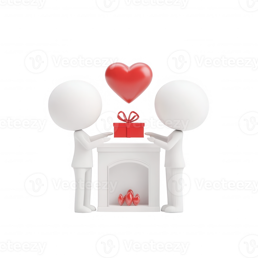 Two figures exchanging a love gift wrapped with a heart, symbolizing affection. png