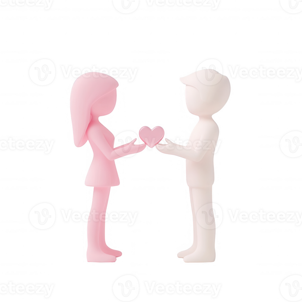 Two figurines exchanging a heart symbolizing love and connection. png