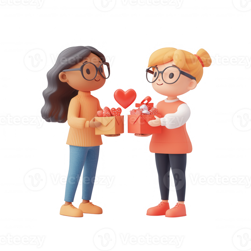 Two friends exchanging gifts with heart symbols, representing friendship and joy. png