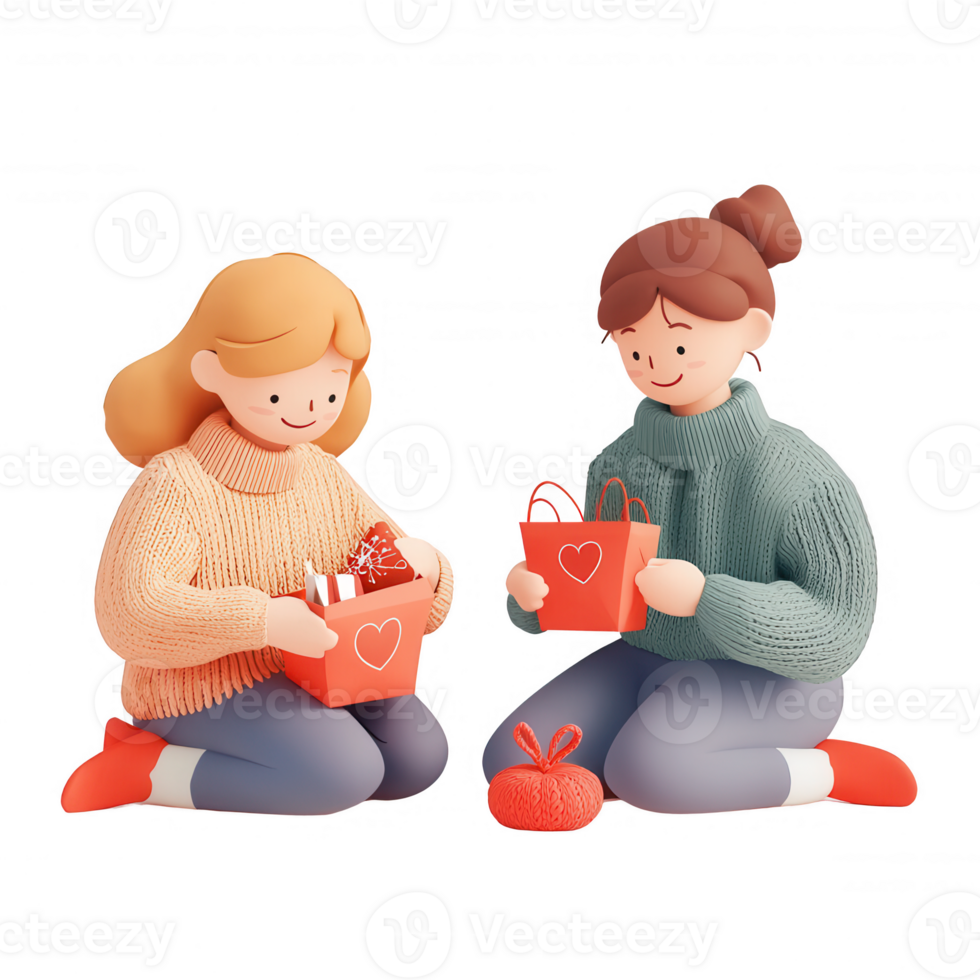 Two friends joyfully unwrapping colorful gifts together in a festive atmosphere. png