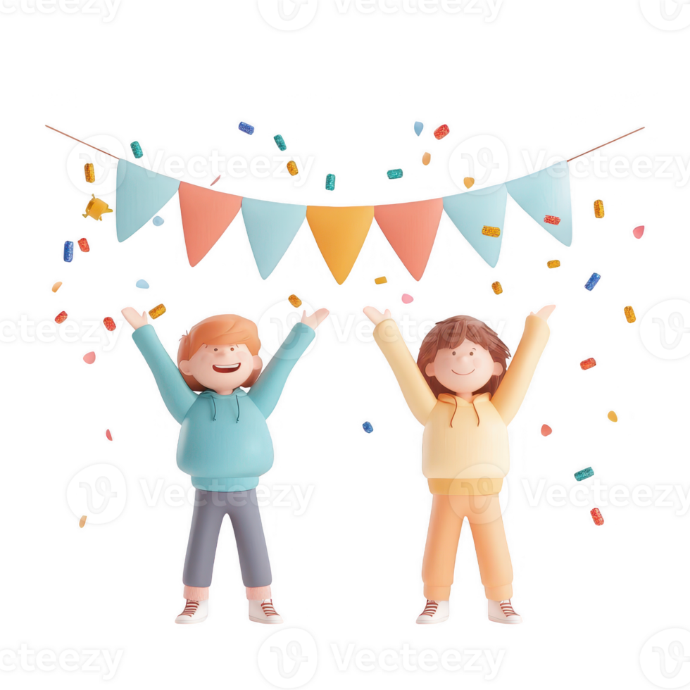 Two joyful children celebrate with colorful flags and confetti. png