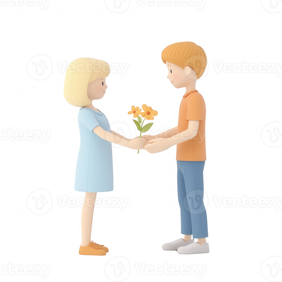 Two children exchanging flowers in a heartwarming moment of friendship. png