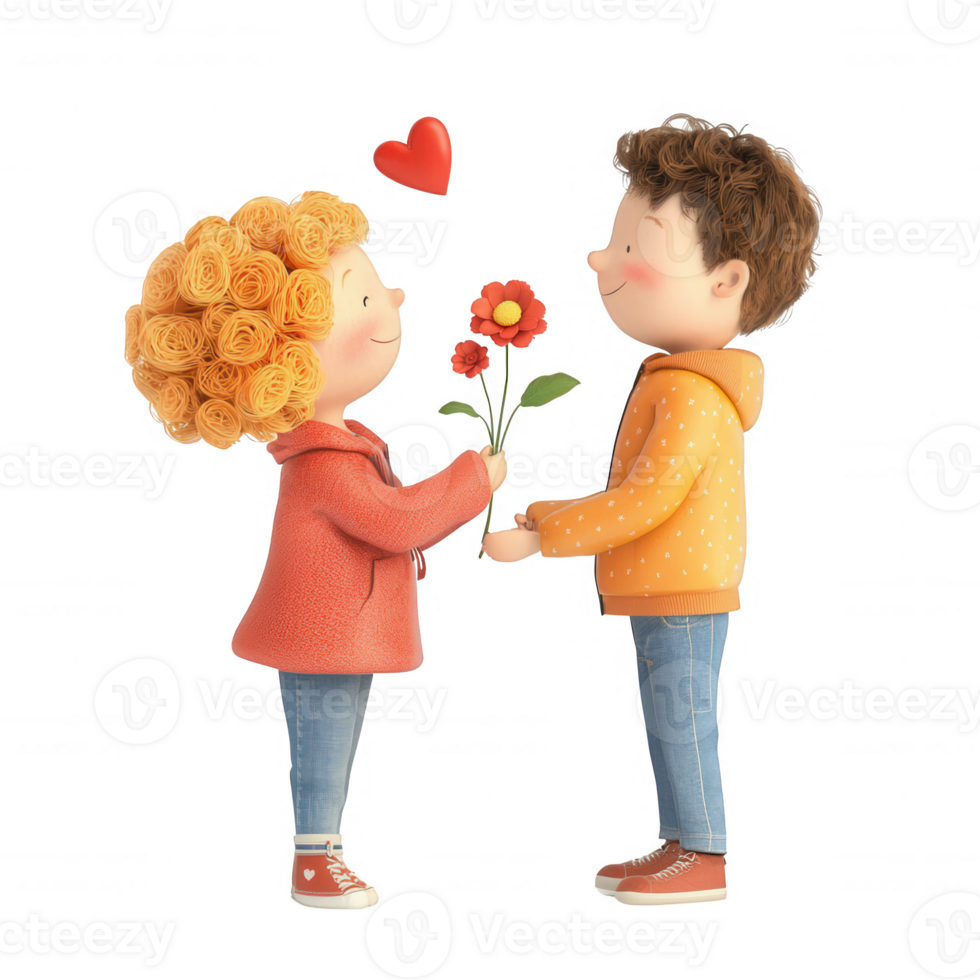 Two children exchanging flowers, symbolizing friendship and affection. png