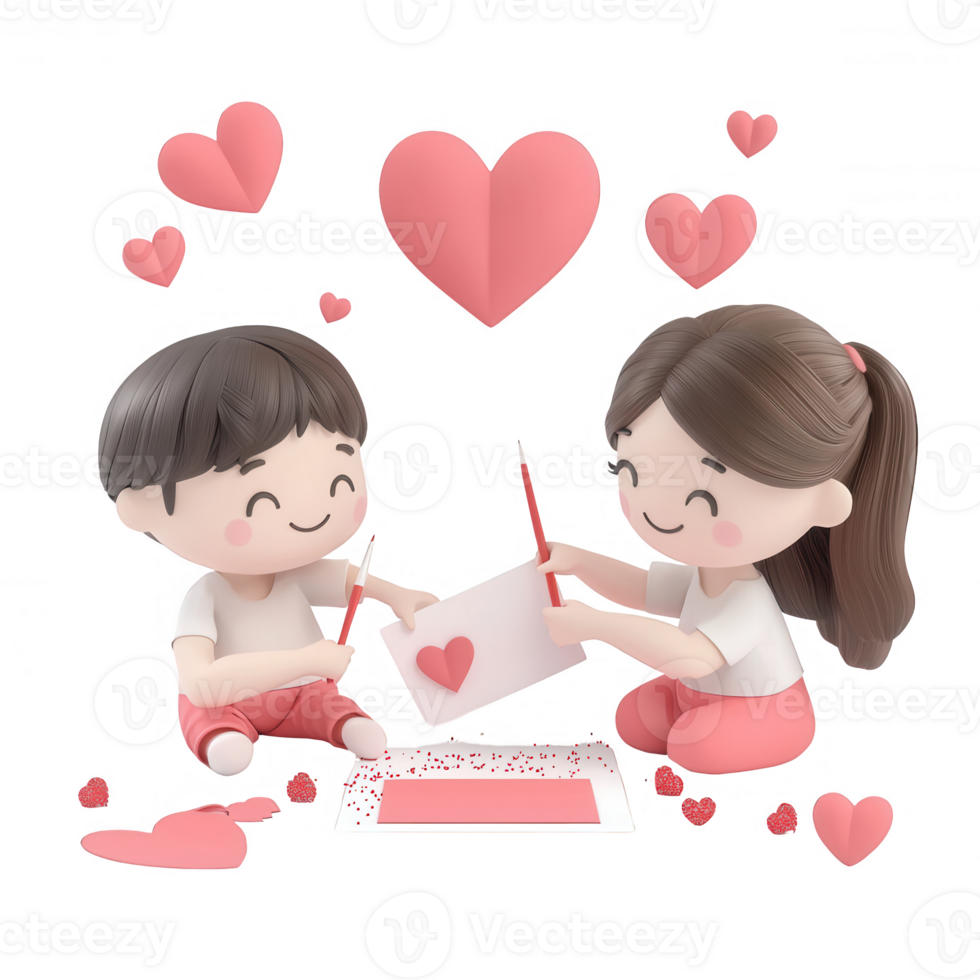 Two children crafting heart art, celebrating love and creativity together. png