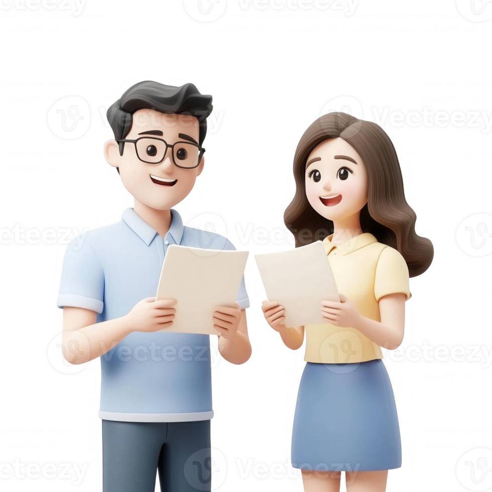 Two cheerful individuals discussing documents in a friendly setting. png