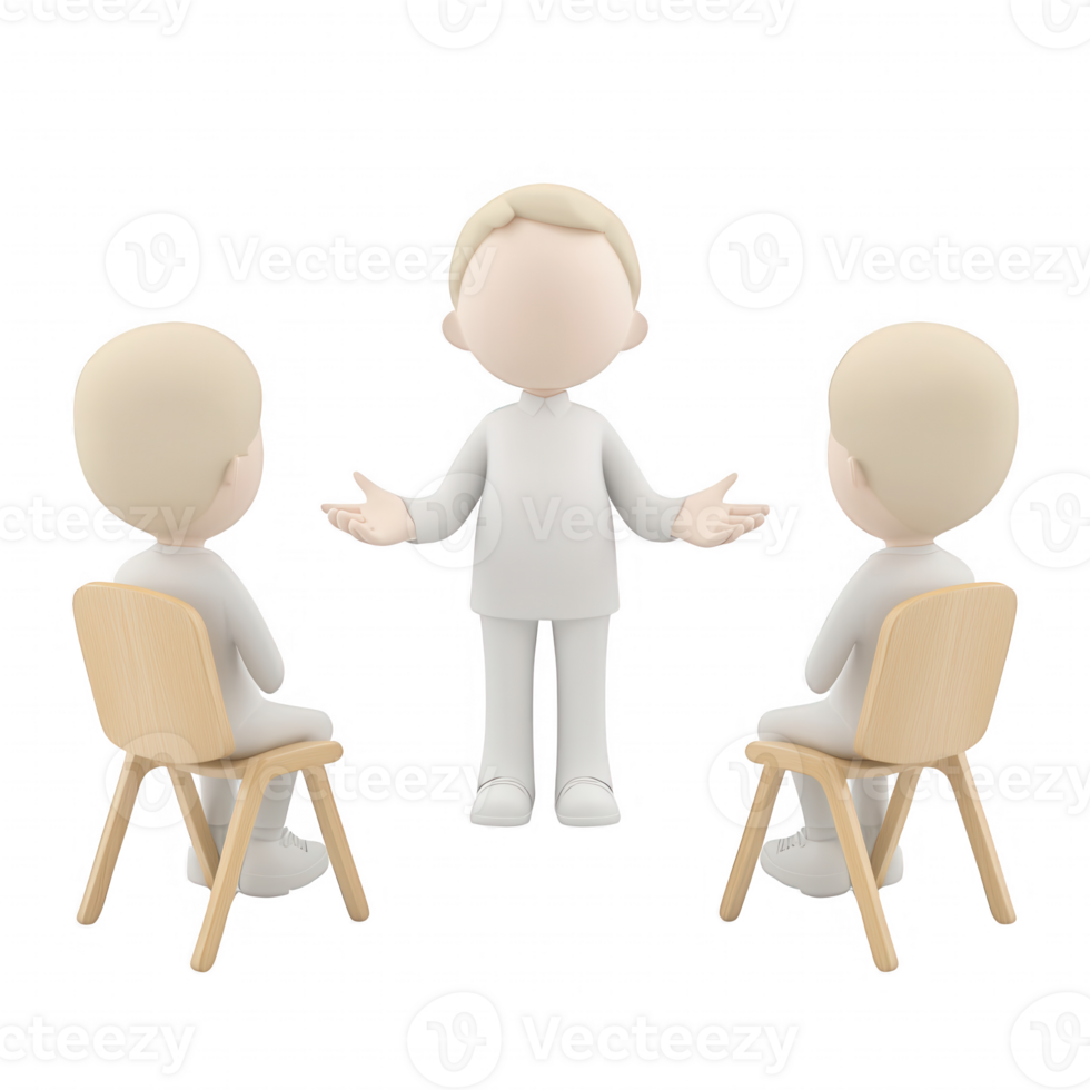 A 3D cartoon character leading a discussion with two listeners in a meeting. png