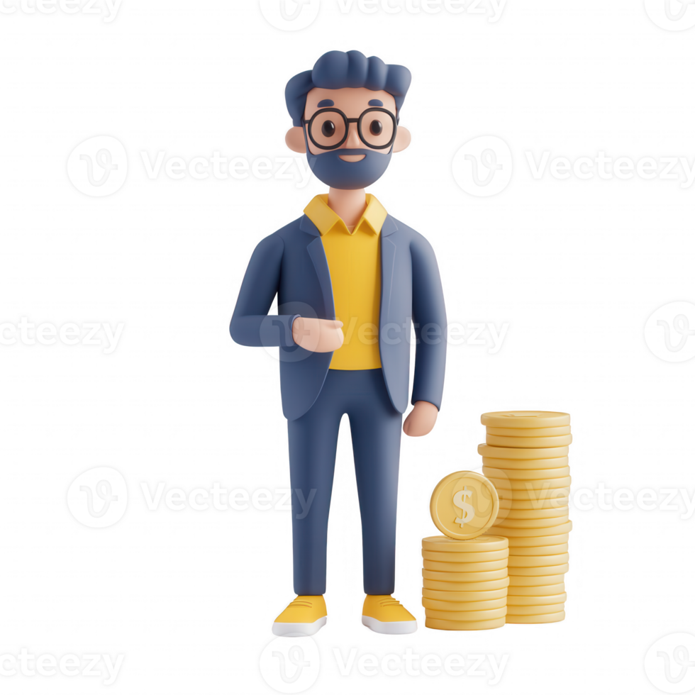 A 3D cartoon businessman standing next to stacks of coins, representing financial success. png
