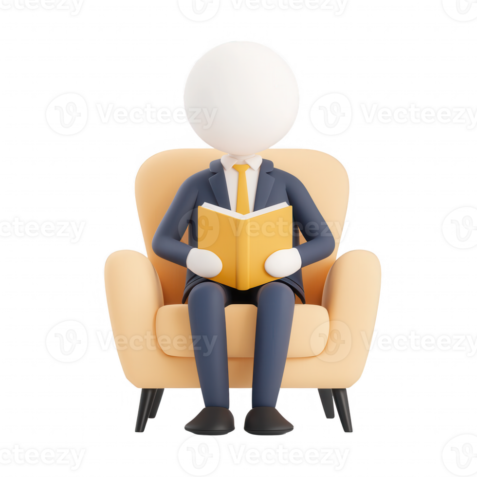 A 3D character in a suit reading a book in a cozy armchair. png