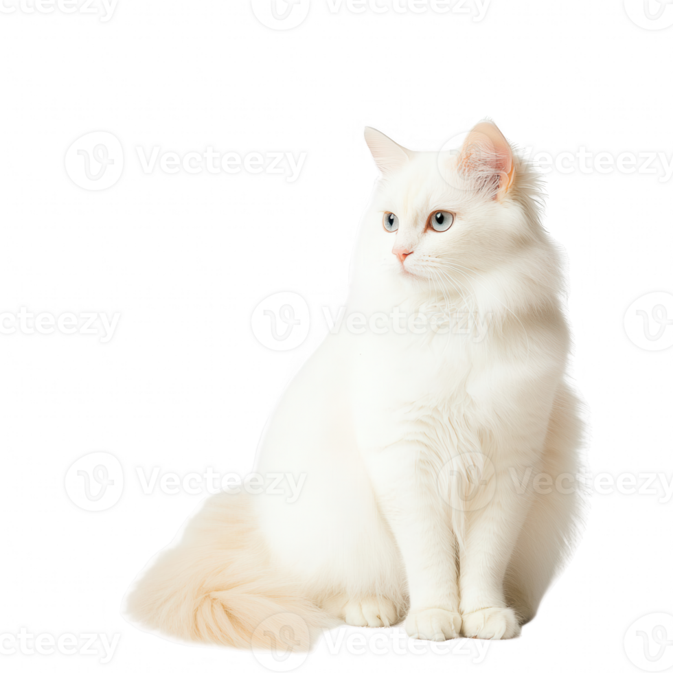 A beautiful white cat with striking blue eyes sits gracefully and observes its surroundings. png