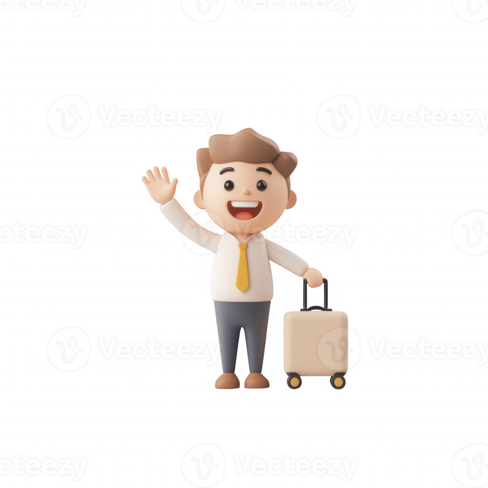 Cheerful traveler waving while holding a suitcase, ready for a new adventure. png