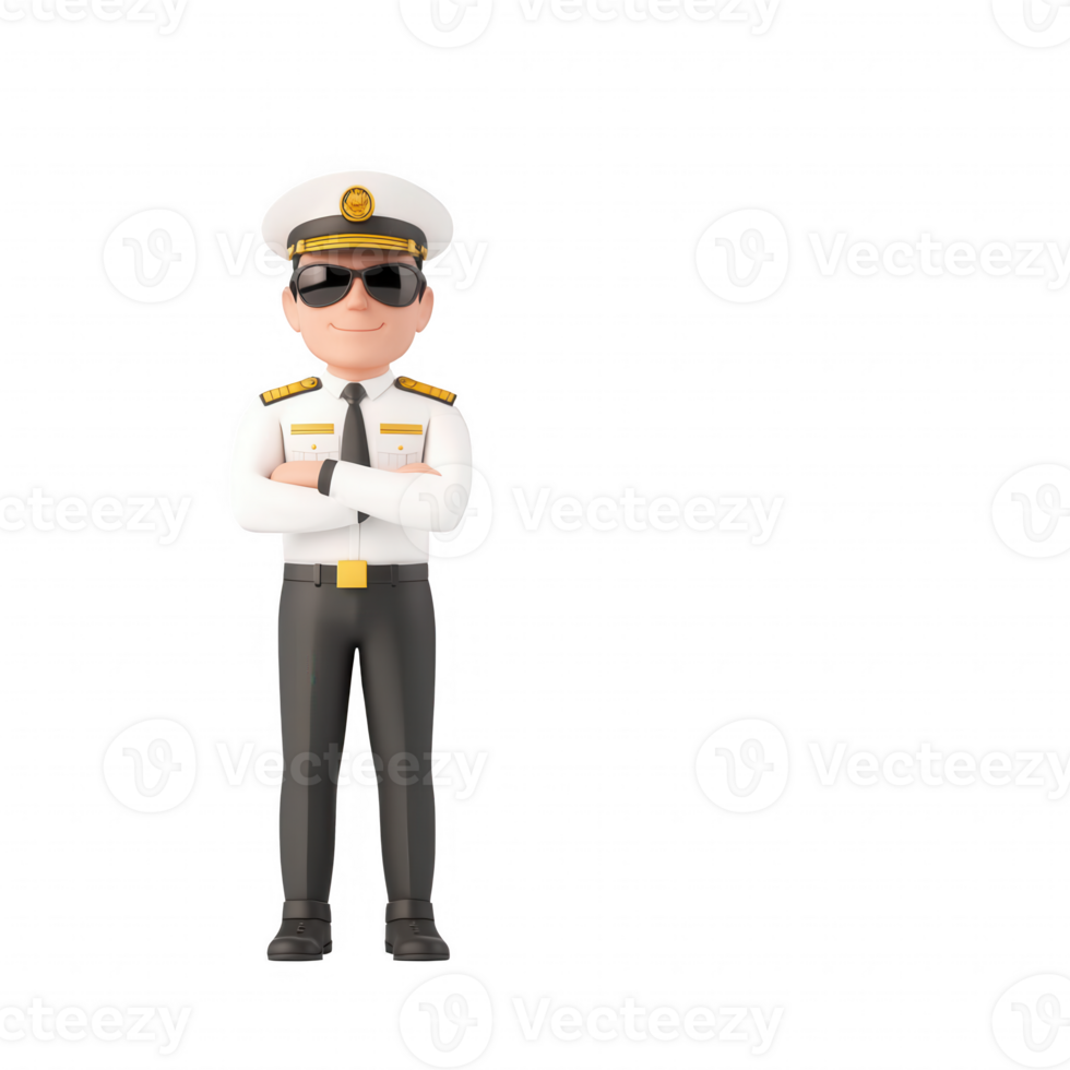 A confident cartoon pilot character standing with arms crossed, wearing sunglasses. png