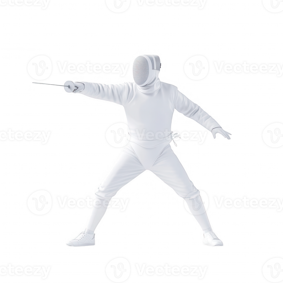 A fencer in a white uniform poised in an action stance with a sword. png