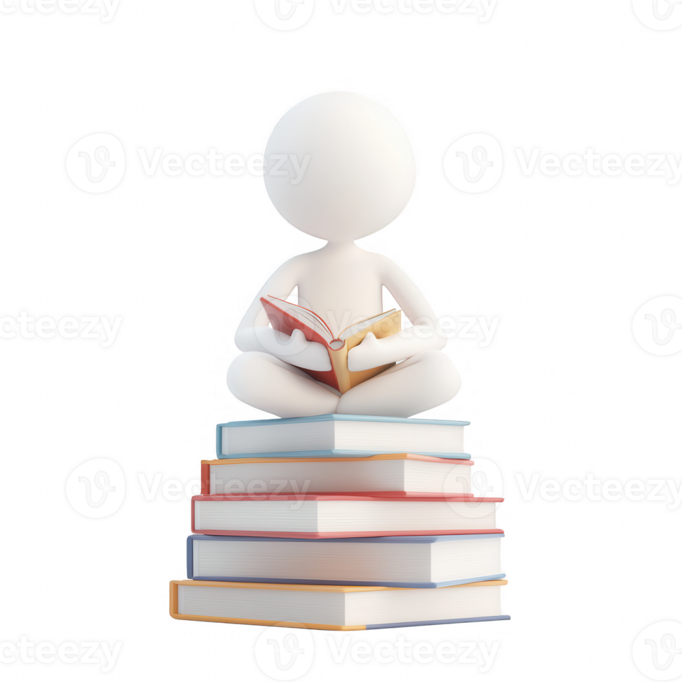 A character reading a book while sitting on a stack of books, representing knowledge. png