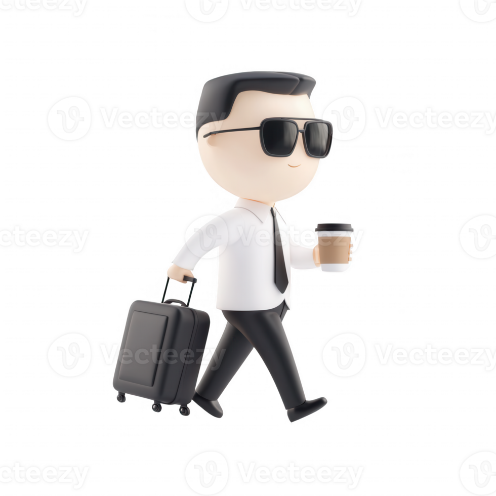 Stylish businessman walking with coffee and briefcase, ready for success. png