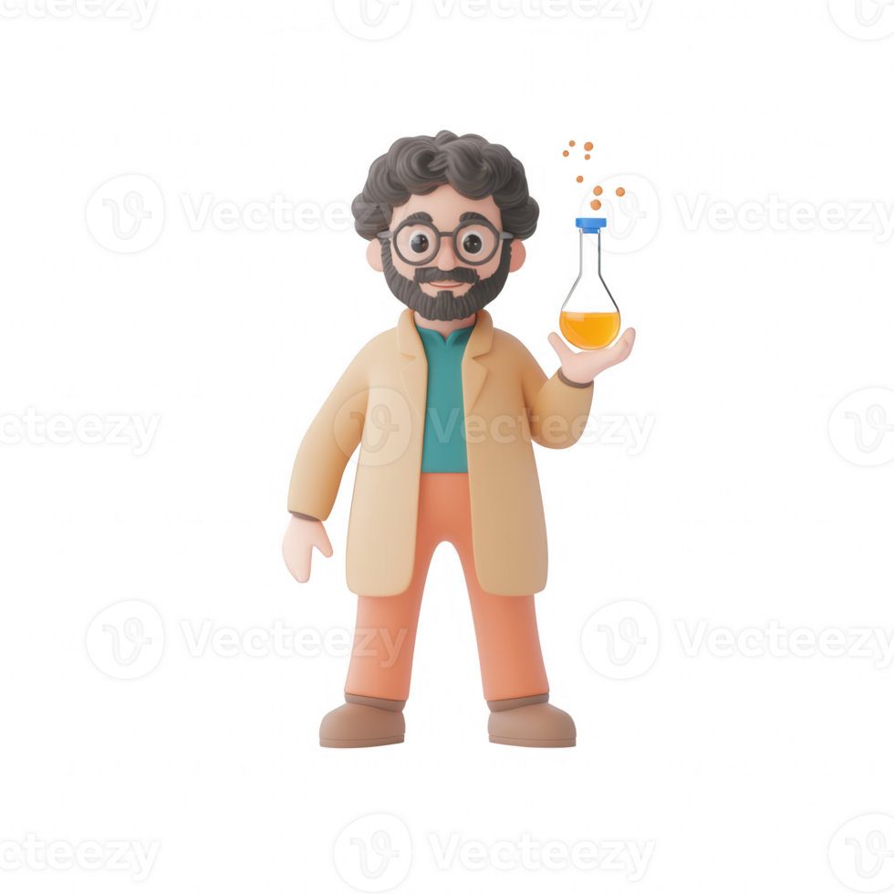 Cartoon scientist holding a flask with bubbling liquid, symbolizing research and discovery. png