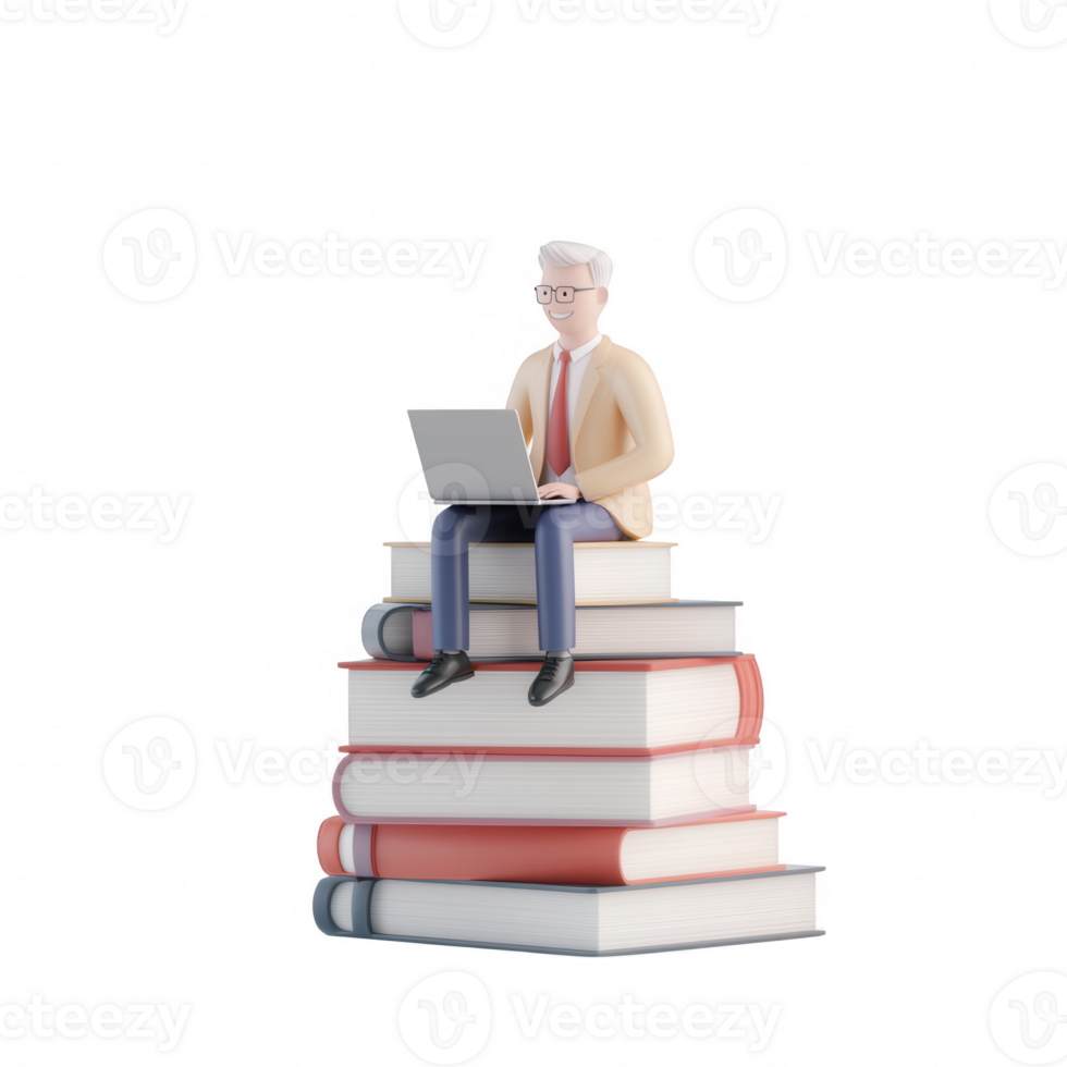 A colorful illustration of a man working on a laptop sitting atop a stack of books. png