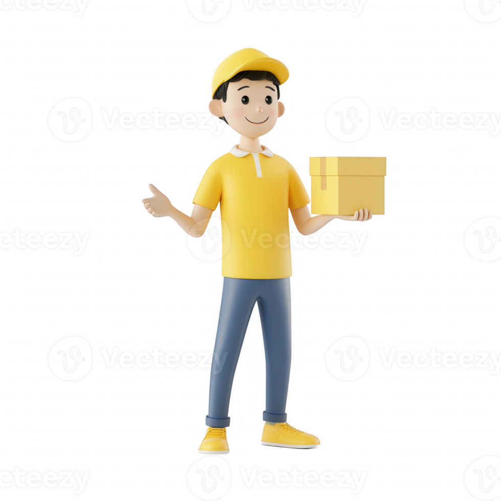 A cheerful delivery person holding a box, ready to assist with package delivery. png