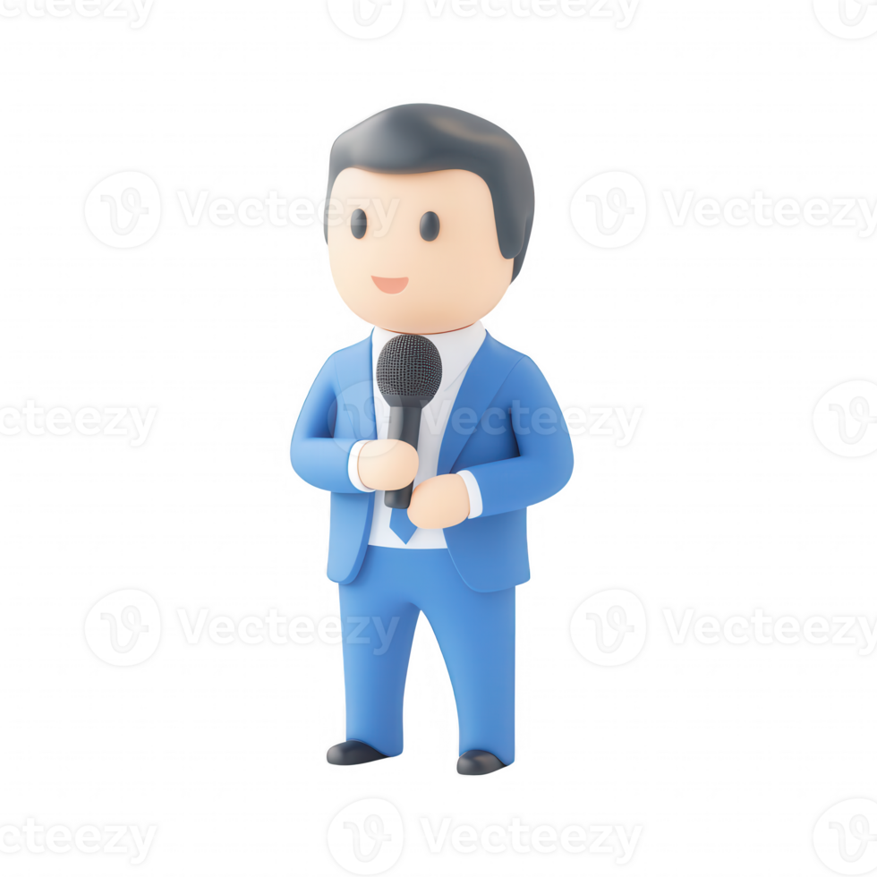 A cheerful cartoon character holding a microphone, ready to interview or present. png