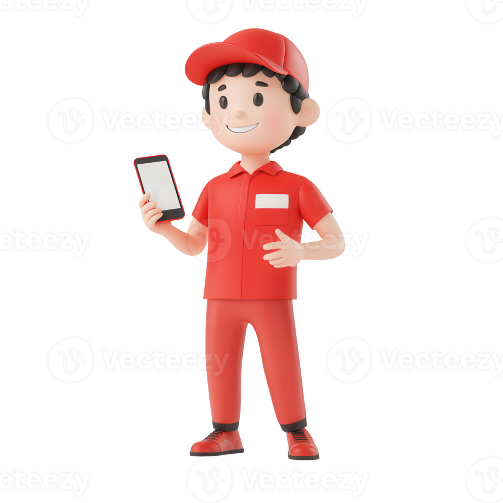 A cheerful worker in red uniform holding a smartphone, representing delivery services. png
