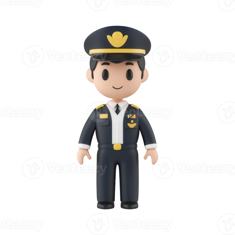 Cartoon pilot character in uniform, smiling, ready for adventure and travel. png